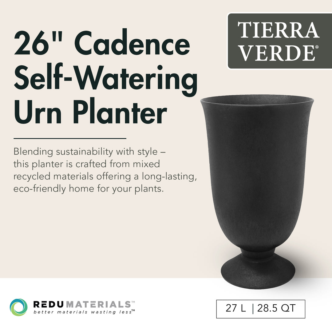 Tierra Verde Cadence Indoor Outdoor Self Watering Urn Planter, 14"W x 23"H Black