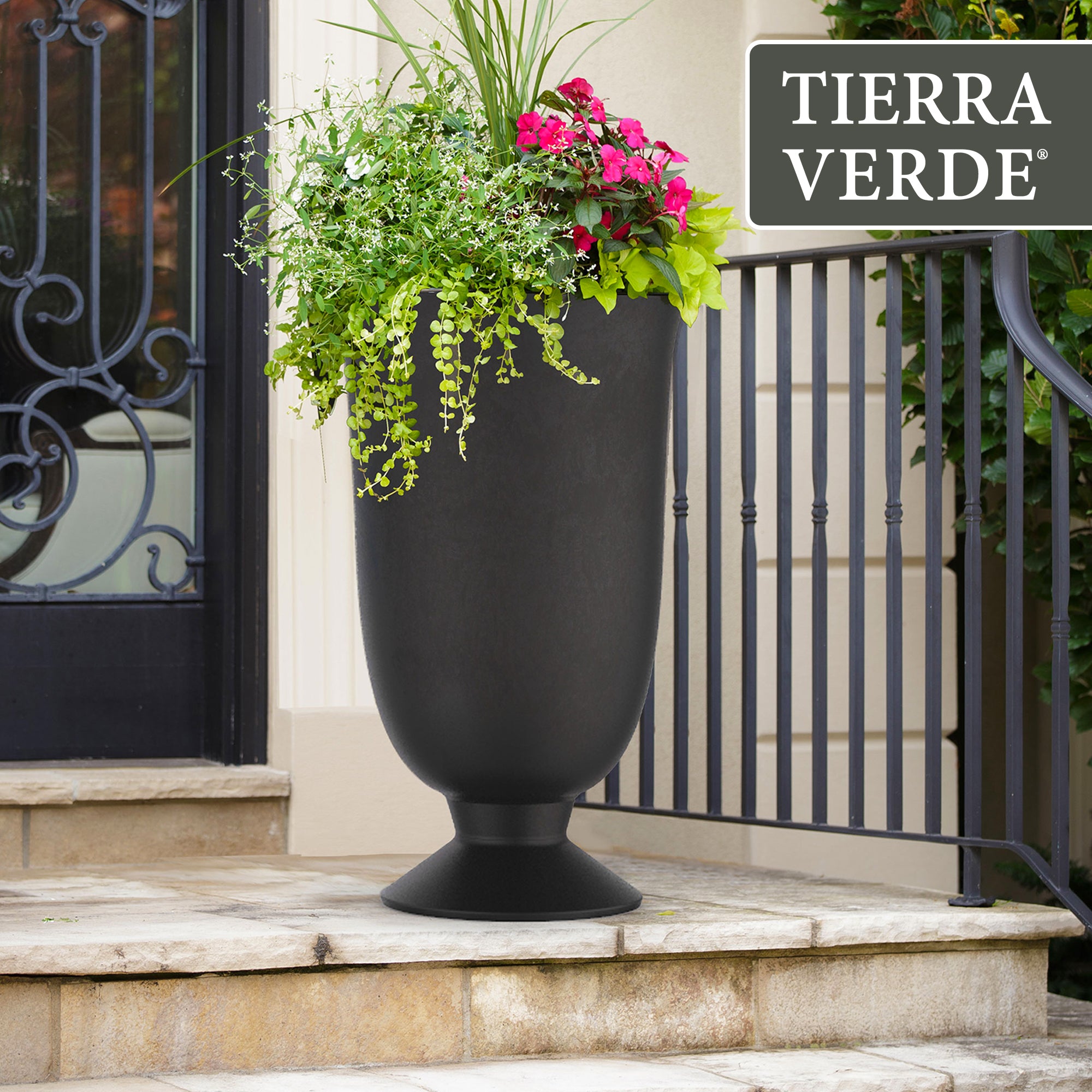 Tierra Verde Indoor Outdoor Self Watering Urn Planter, 14"W x 23"H Black (Used) - VMInnovations