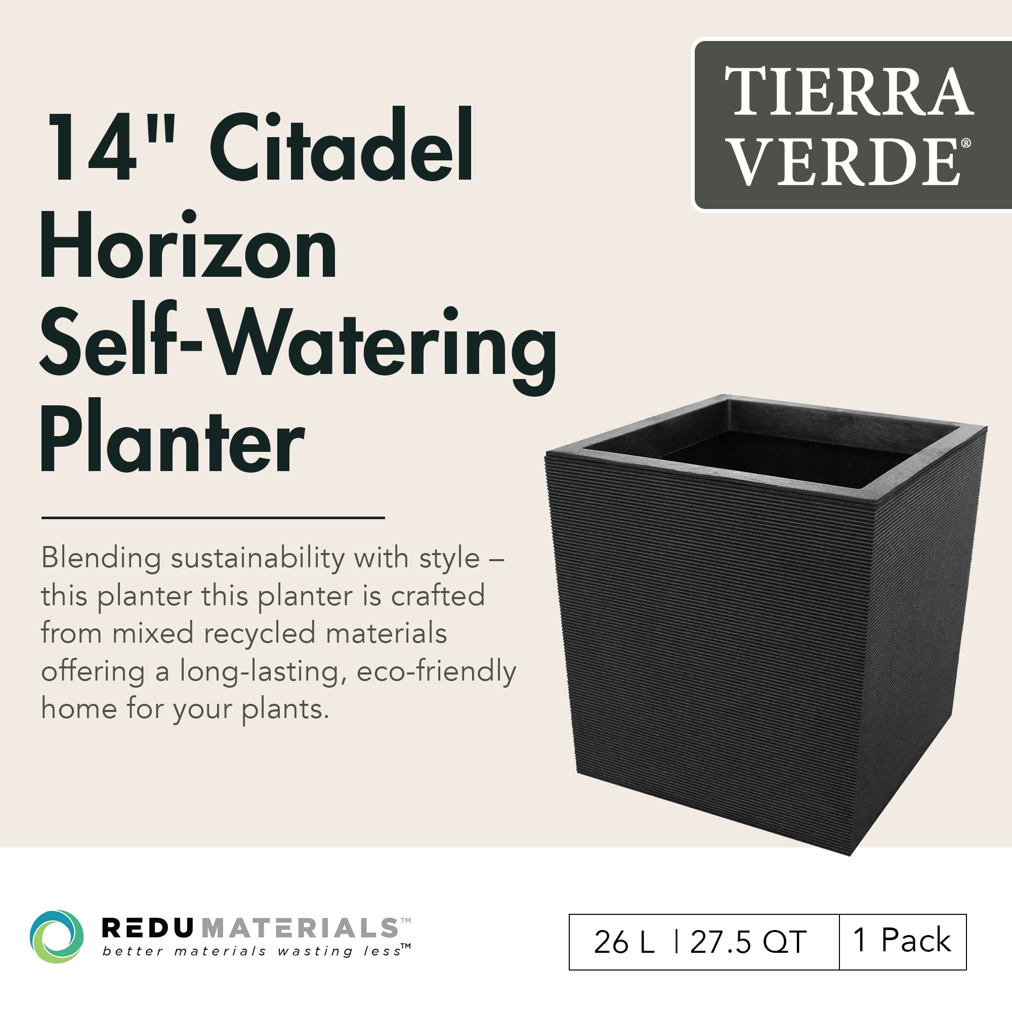Tierra Verde Citadel Horizon Self Watering Square Planter, 13.5"W x 14"H, Black