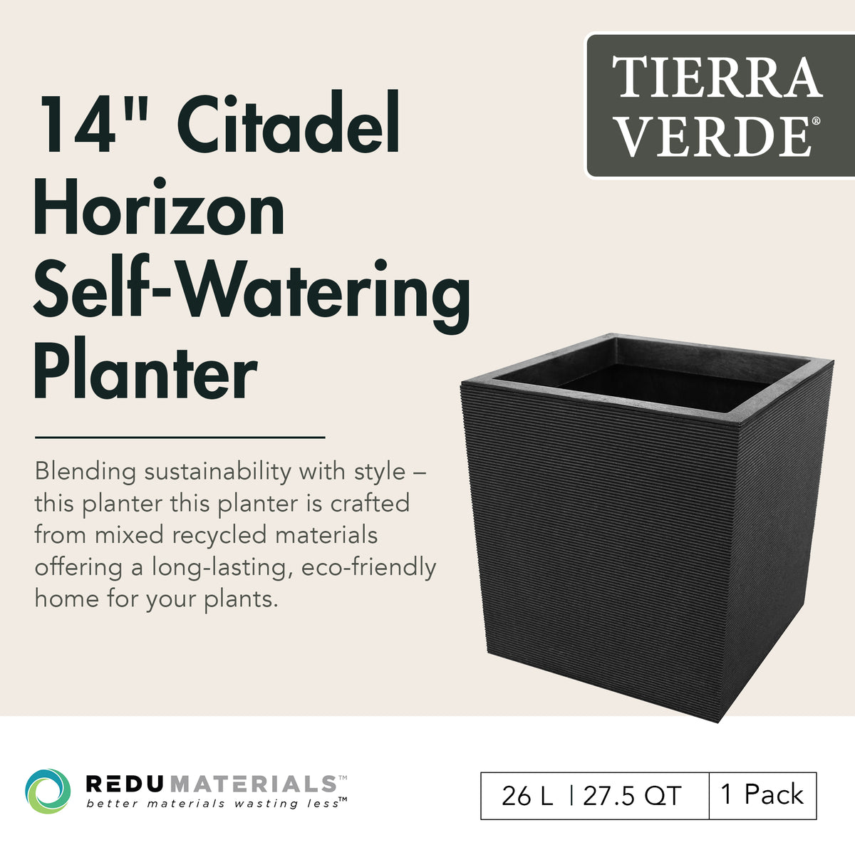Tierra Verde Citadel Horizon Self Watering Square Planter, 13.5"W x 14"H, Black