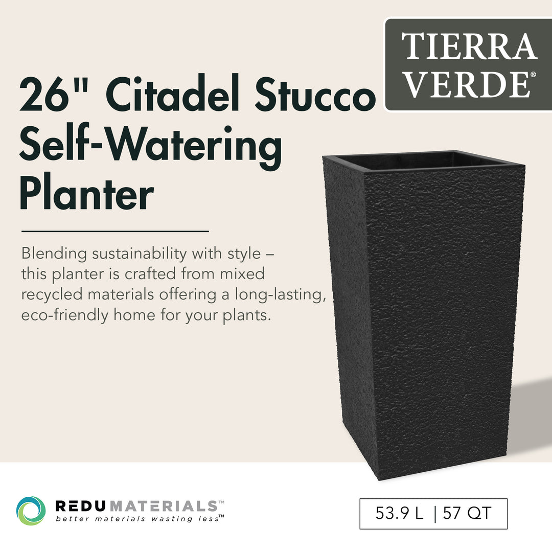 Tierra Verde Citadel Stucco Self Watering Square Planter, 13.5"W x 26"H, Black - VMInnovations