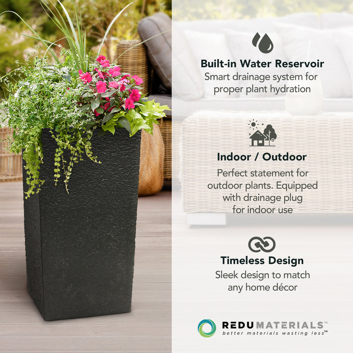Tierra Verde Citadel Stucco Self Watering Square Planter, 13.5"W x 26"H, Black - VMInnovations