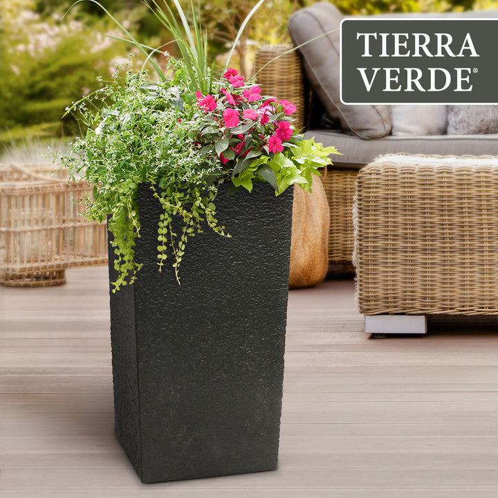 Tierra Verde Citadel Stucco Self Watering Square Planter, 13.5"W x 26"H, Black - VMInnovations