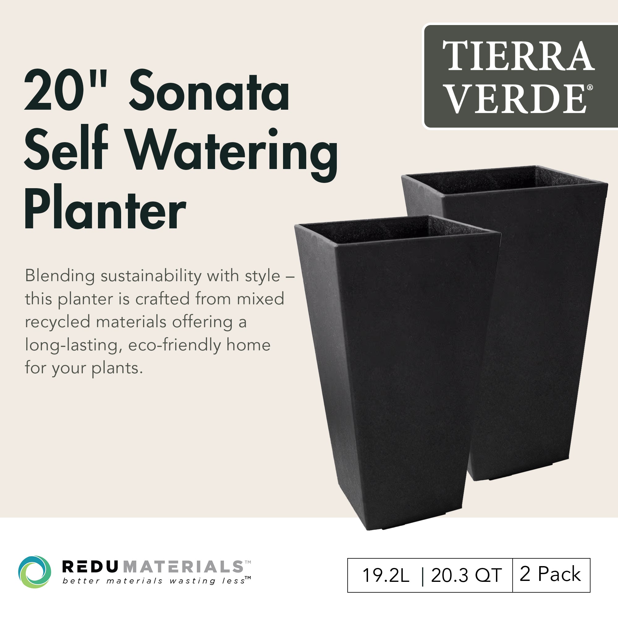 Tierra Verde 2Pk Indoor Outdoor 20 In Self Watering Planters, Sonata (Used)