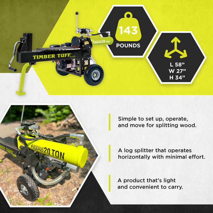 Timber Tuff Gas Powered 20 Ton Log Splitter, Machine for Cutting Firewood, 7 HP - VMInnovations