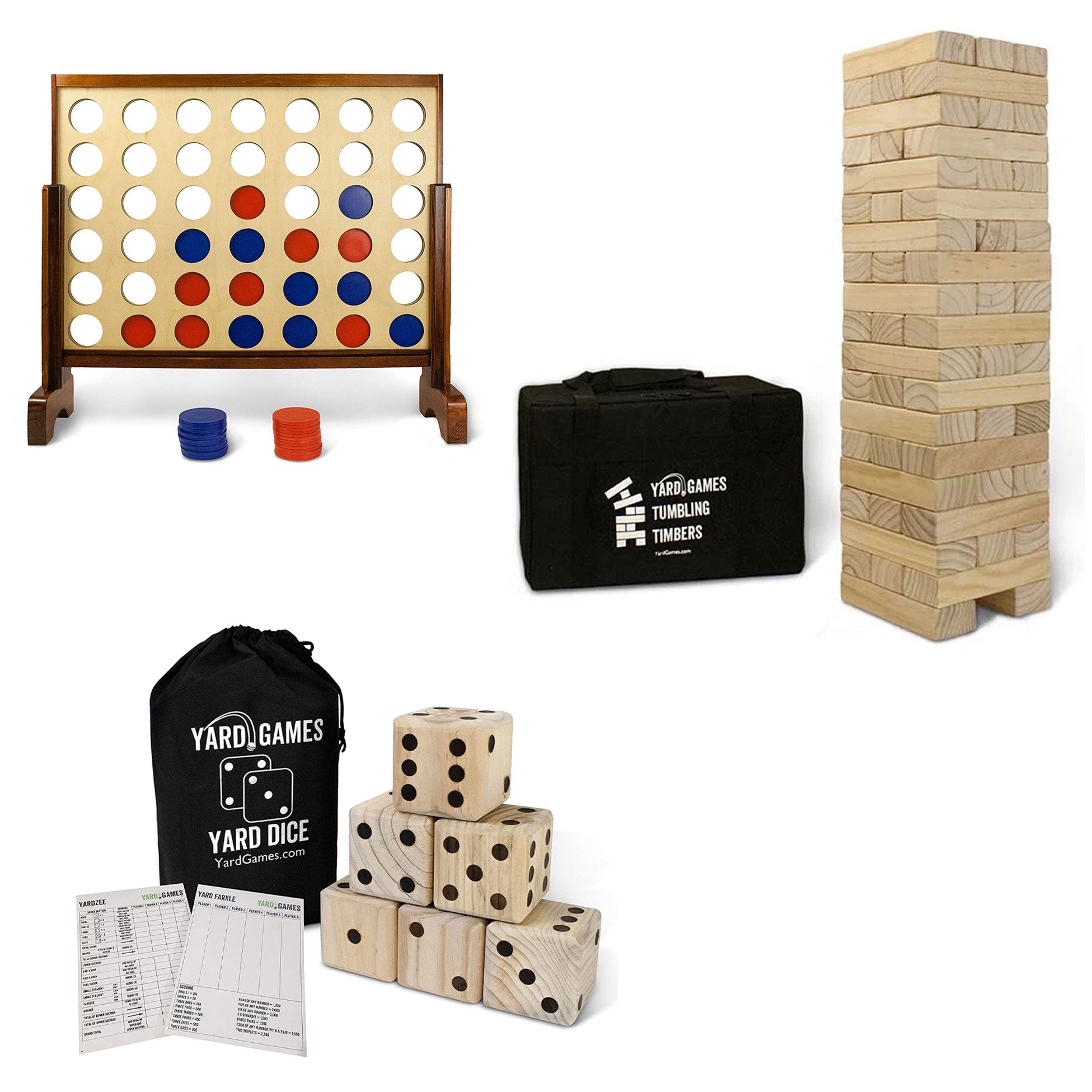 YardGames Giant Tumbling Timbers Outdoor Game Bundle w/ 4 in a Row & Jumbo Dice