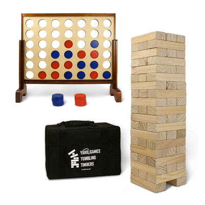 YardGames Giant Tumbling Timbers Wood Stacking Game Bundle with 4 in a Row Game - VMInnovations