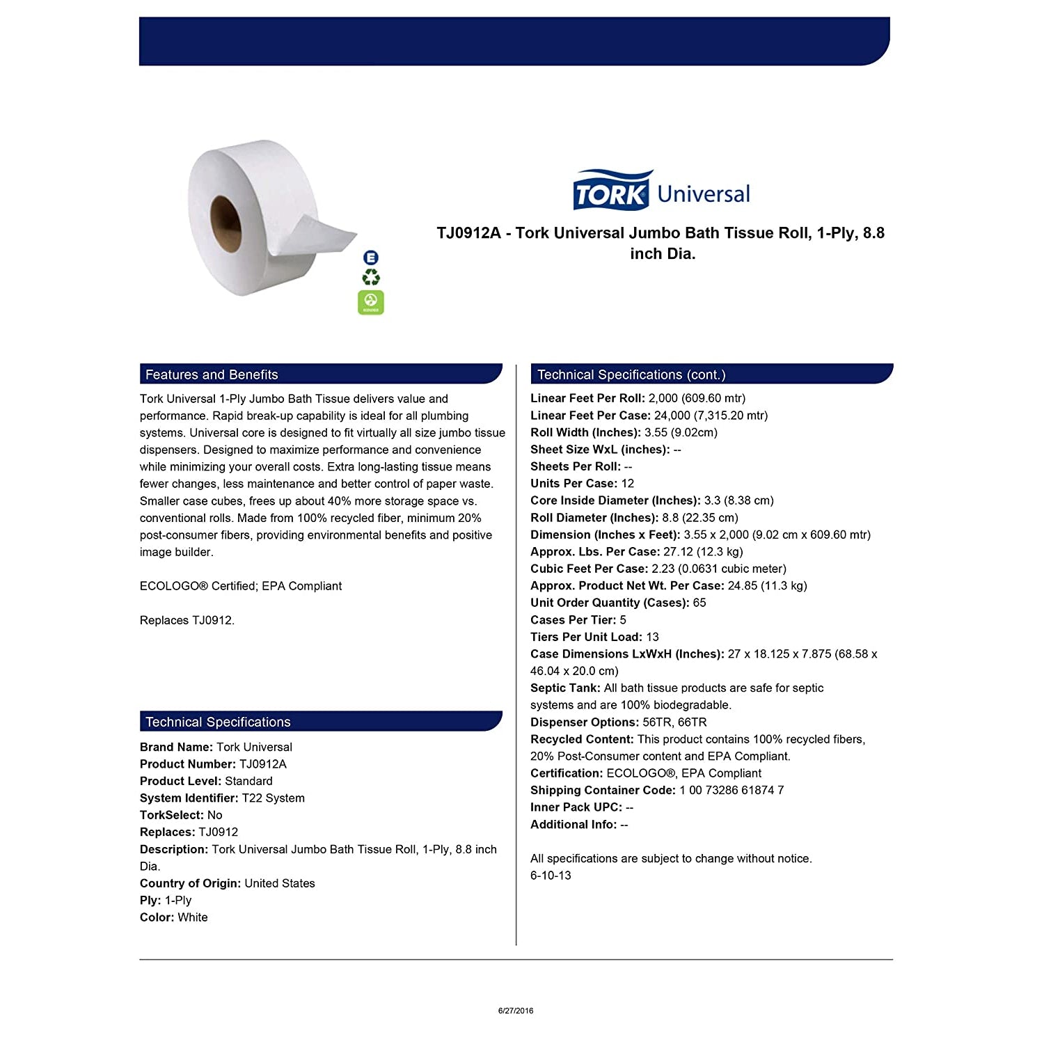 Tork TJ0912A Universal 1-Ply Jumbo Bath Tissue Roll Dispenser Refill (12 Pack)