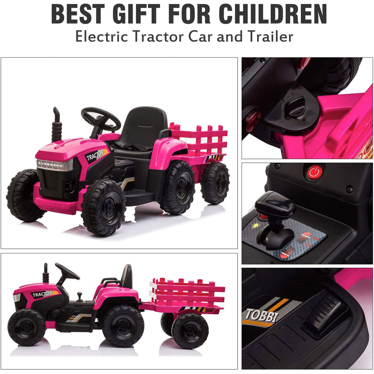 TOBBI 12V Kids Electric Ride On Toy Tractor w/ Trailer, Rose Red (For Parts)