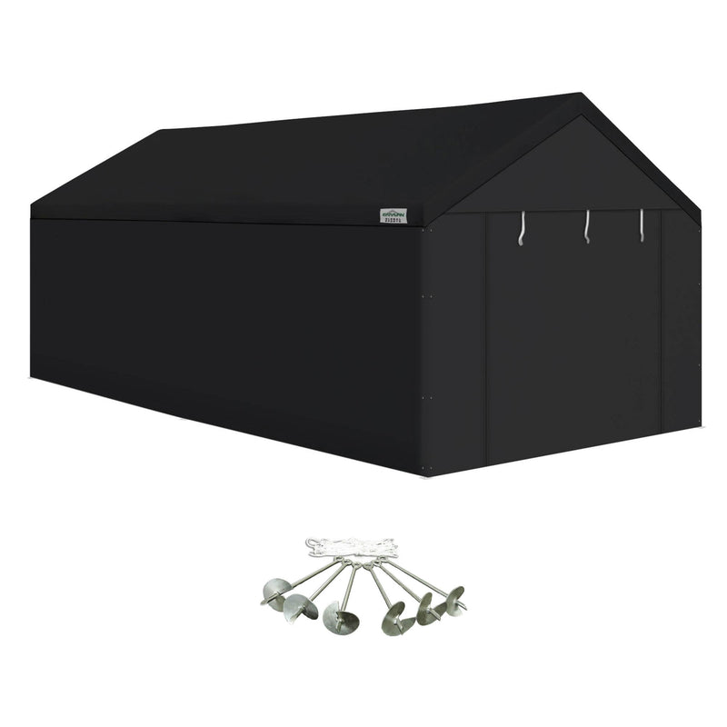 Caravan Canopy Domain 10 x 20 Ft Carport Top and Sidewalls, Black w/ Anchor Set