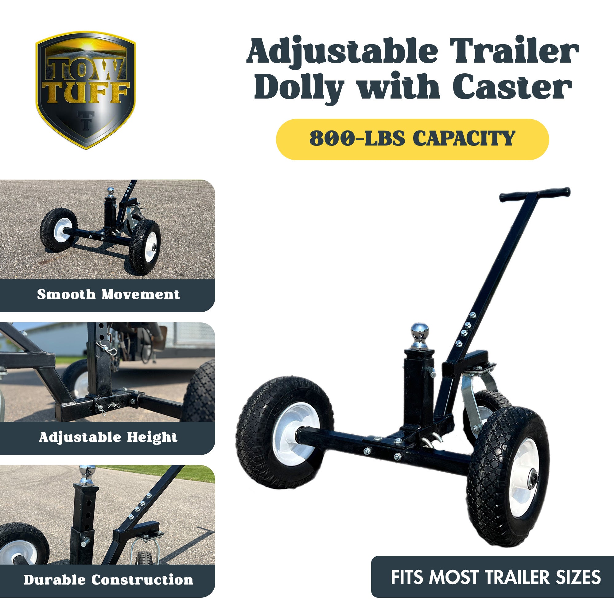 Tow Tuff Adjustable Solid Steel 800lb Capacity Trailer Dolly w/Caster (Open Box)