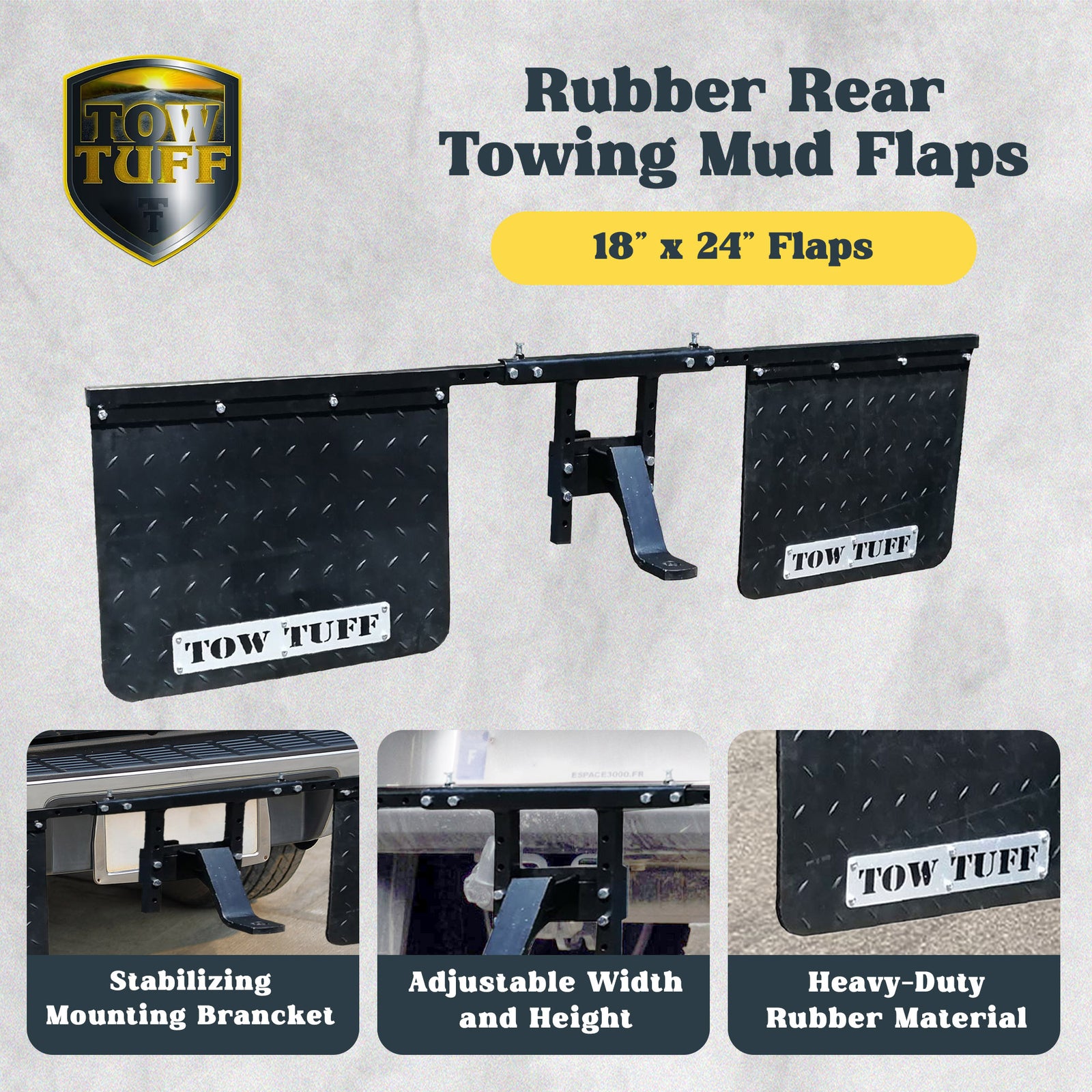 Tow Tuff 2418AMF 18" x 24" Universal Hitch Mount Rubber Rear Towing Mud Flaps - VMInnovations