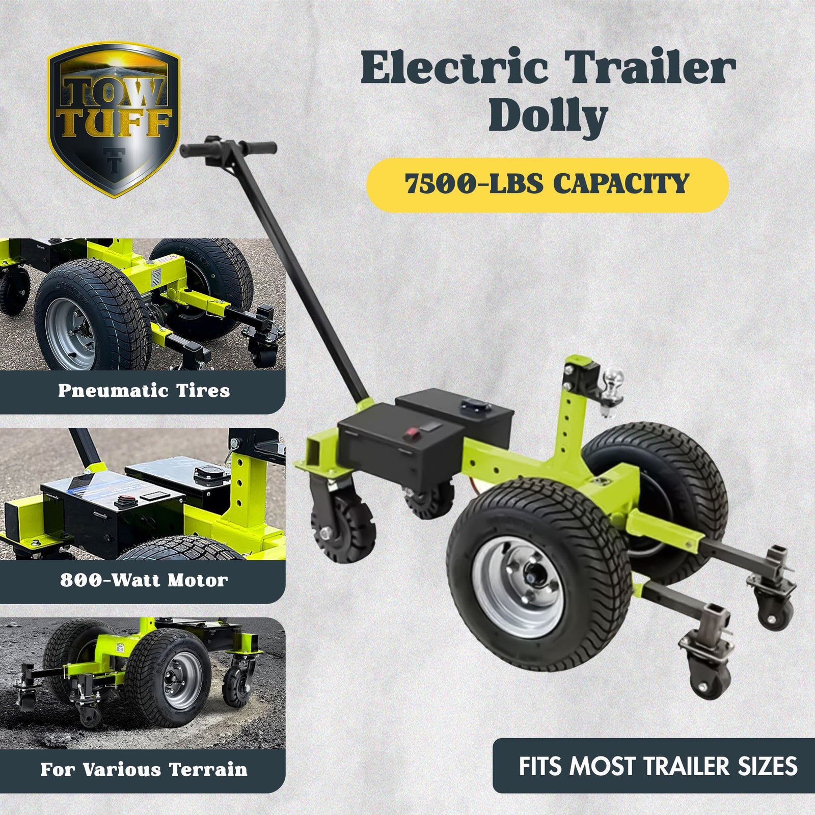 Tow Tuff 7500 Pound Capacity Electric Trailer Dolly with Pnuematic Tires, Green - VMInnovations
