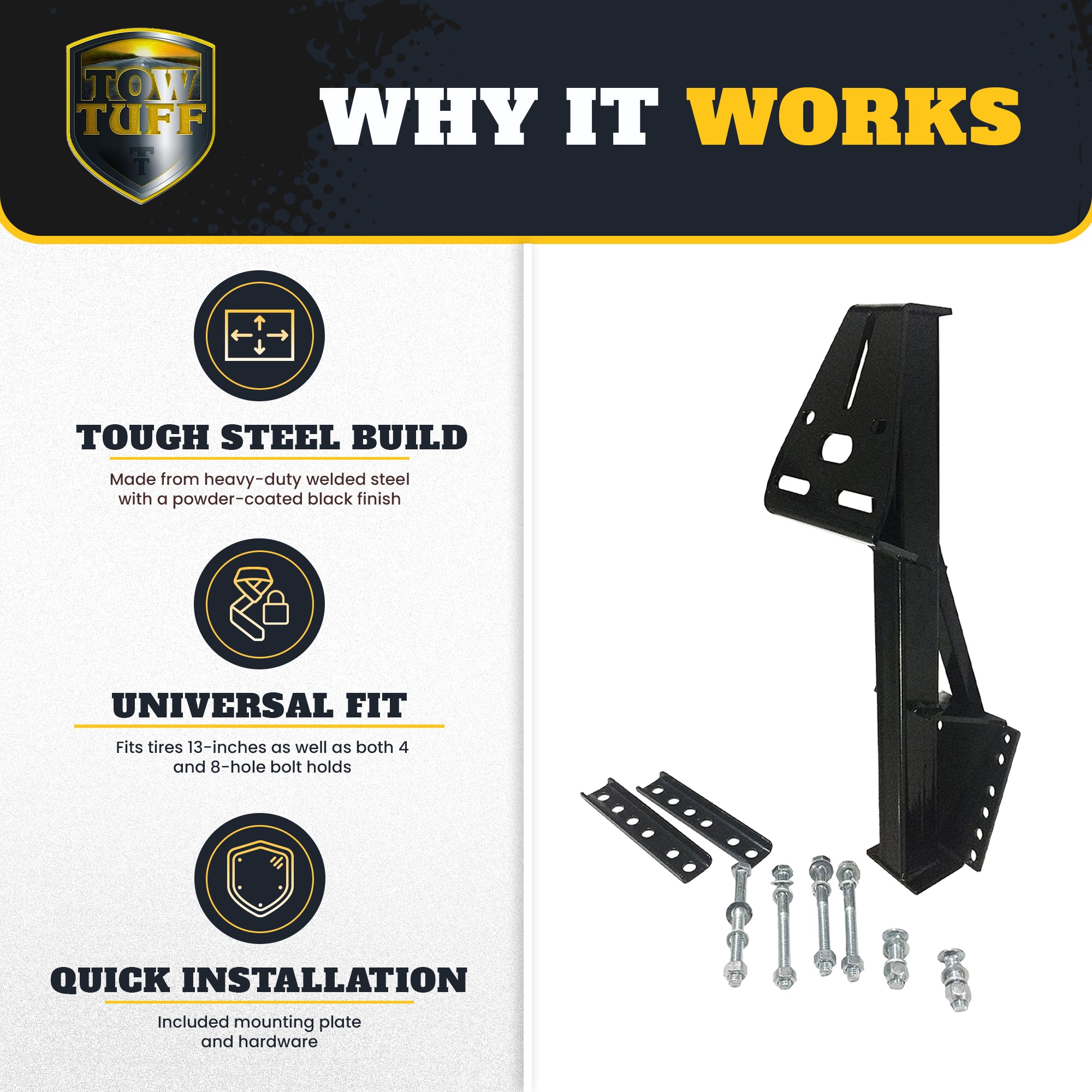 Tow Tuff TTF-08HD Heavy Duty Steel Universal Spare Trailer Tire Carrier, Black - VMInnovations