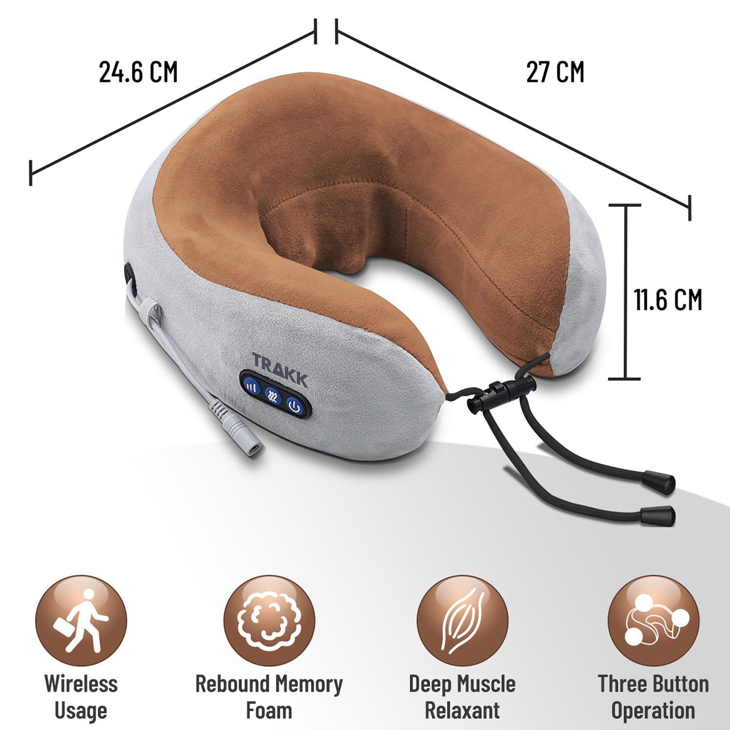 TRAKK Deep Tissue Memory Foam Neck Massage Travel Pillow, Brown (Open Box) - VMInnovations