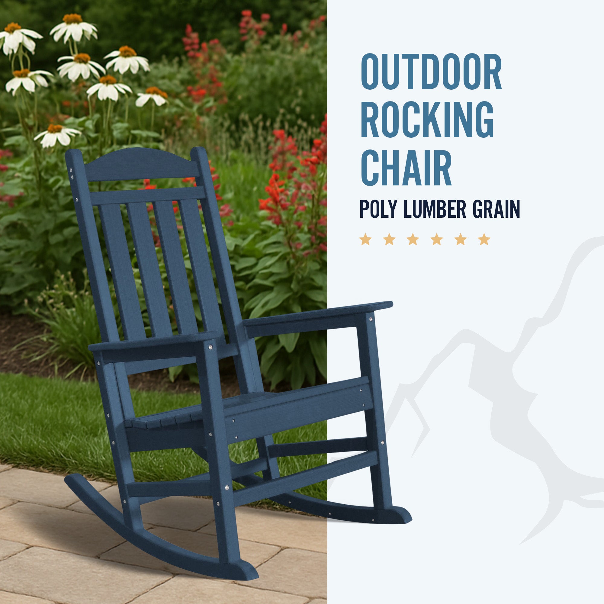 Trapper’s Peak Outdoor Rocking Chair Poly Lumber Grain, Steel Frame, Dark Blue - VMInnovations