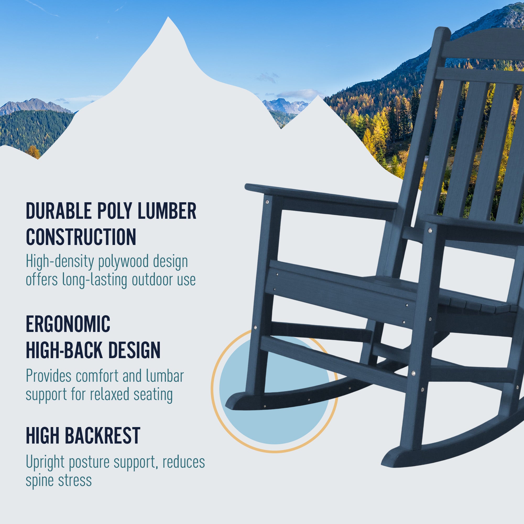 Trapper’s Peak Outdoor Rocking Chair Poly Lumber Grain, Steel Frame, Dark Blue - VMInnovations