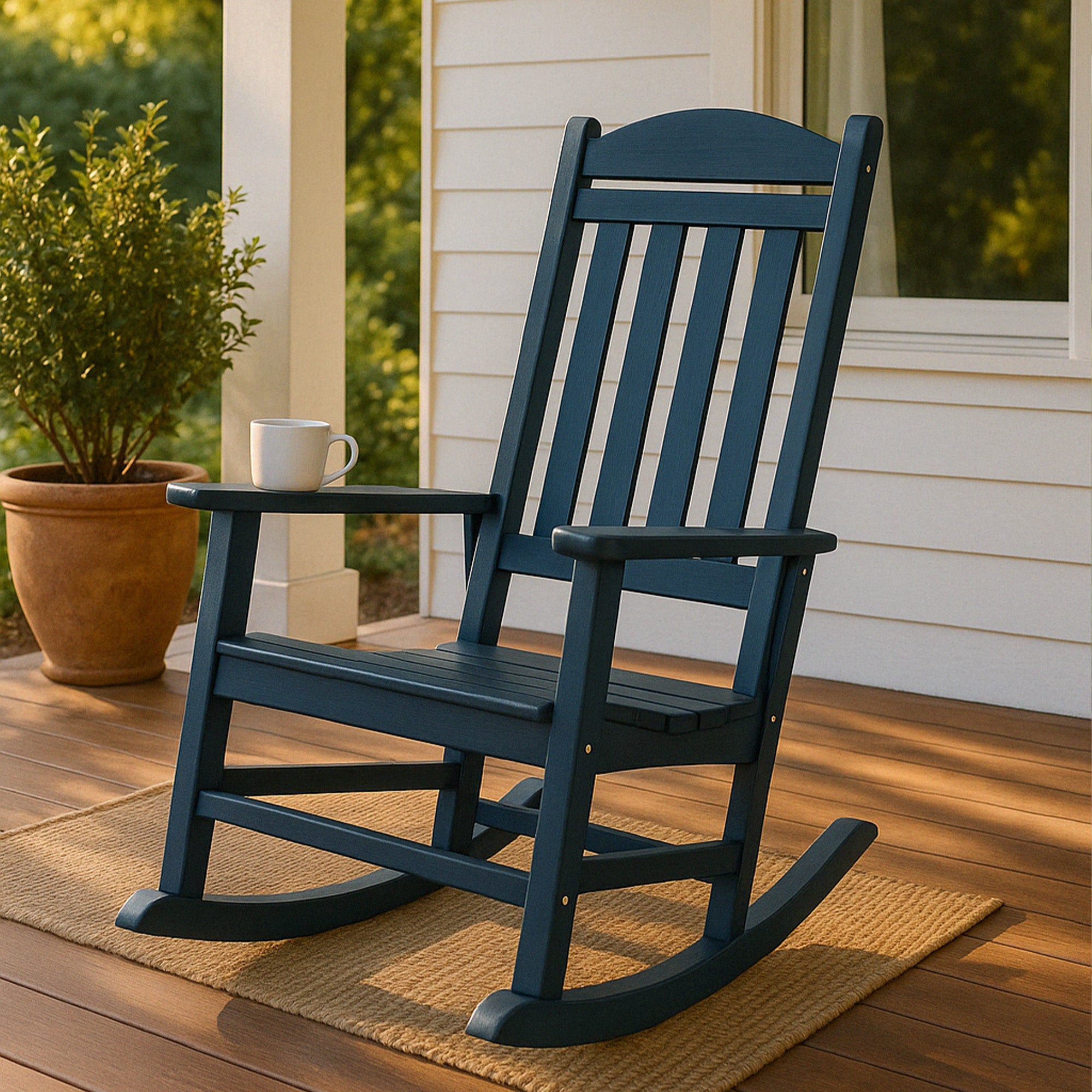 Trapper’s Peak Outdoor Rocking Chair Poly Lumber Grain, Steel Frame, Dark Blue - VMInnovations