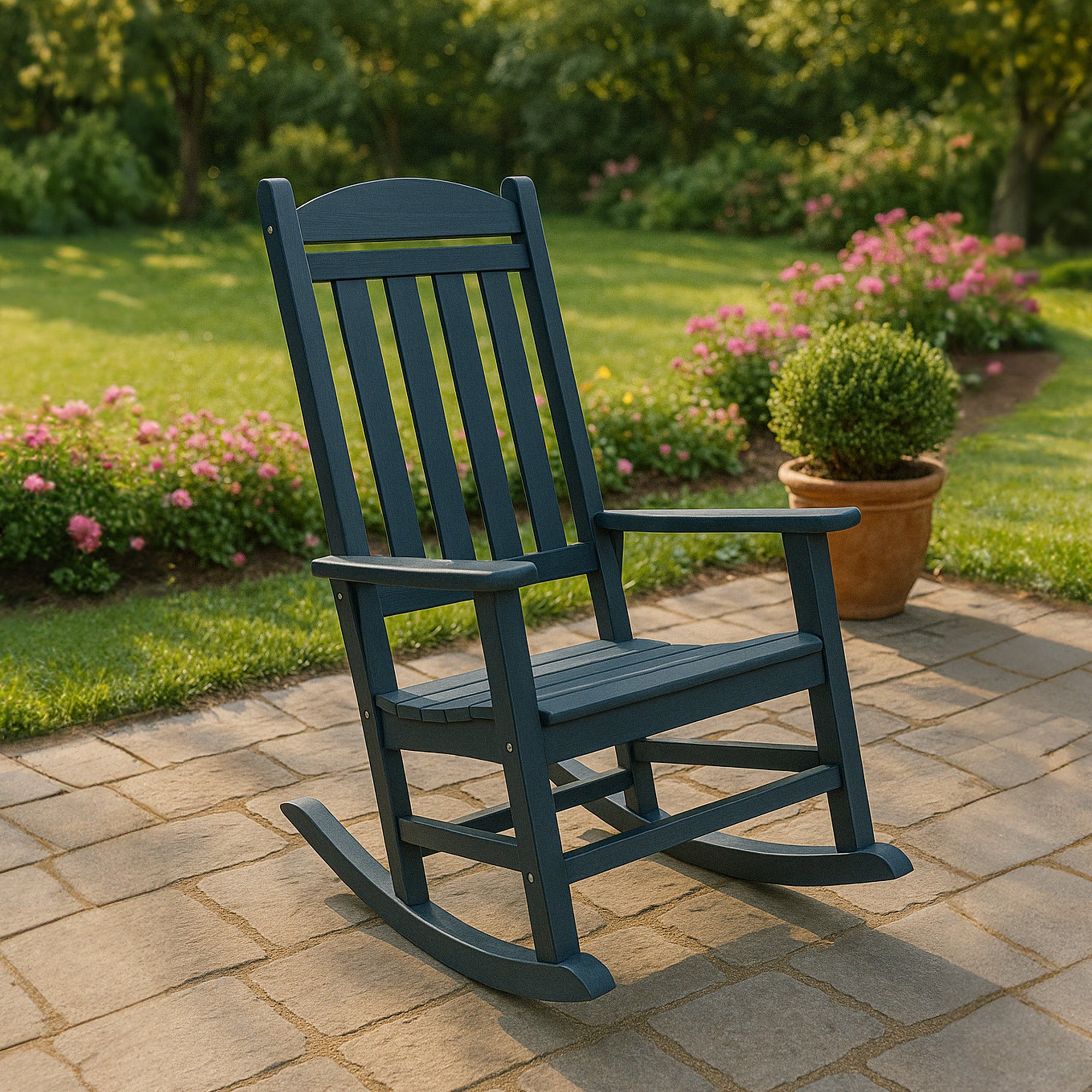 Trapper’s Peak Outdoor Rocking Chair Poly Lumber Grain, Steel Frame, Dark Blue - VMInnovations