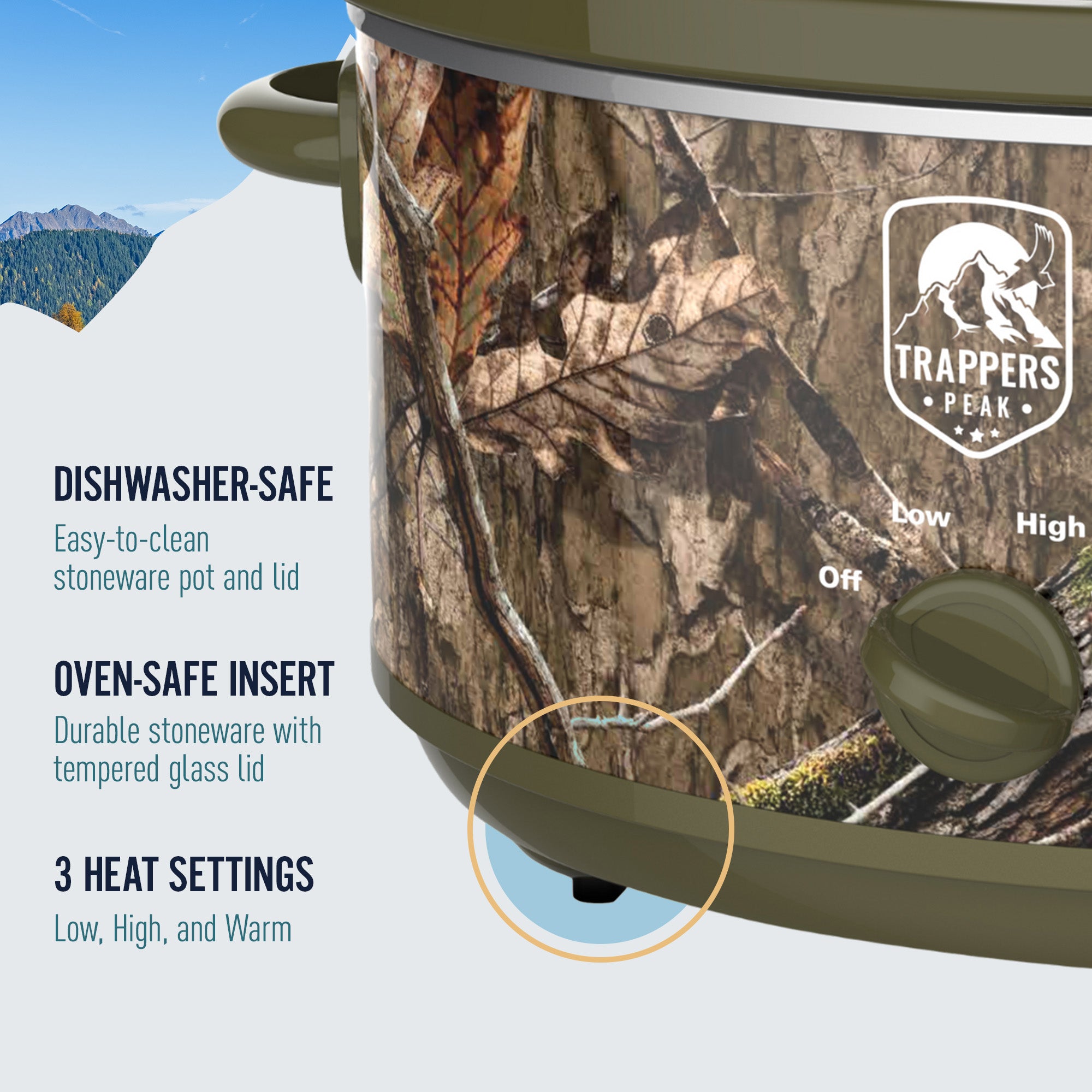 Trappers Peak 7 Quart Oval Slow Cooker Pot with Heat Settings, Mossy Oak Camo - VMInnovations