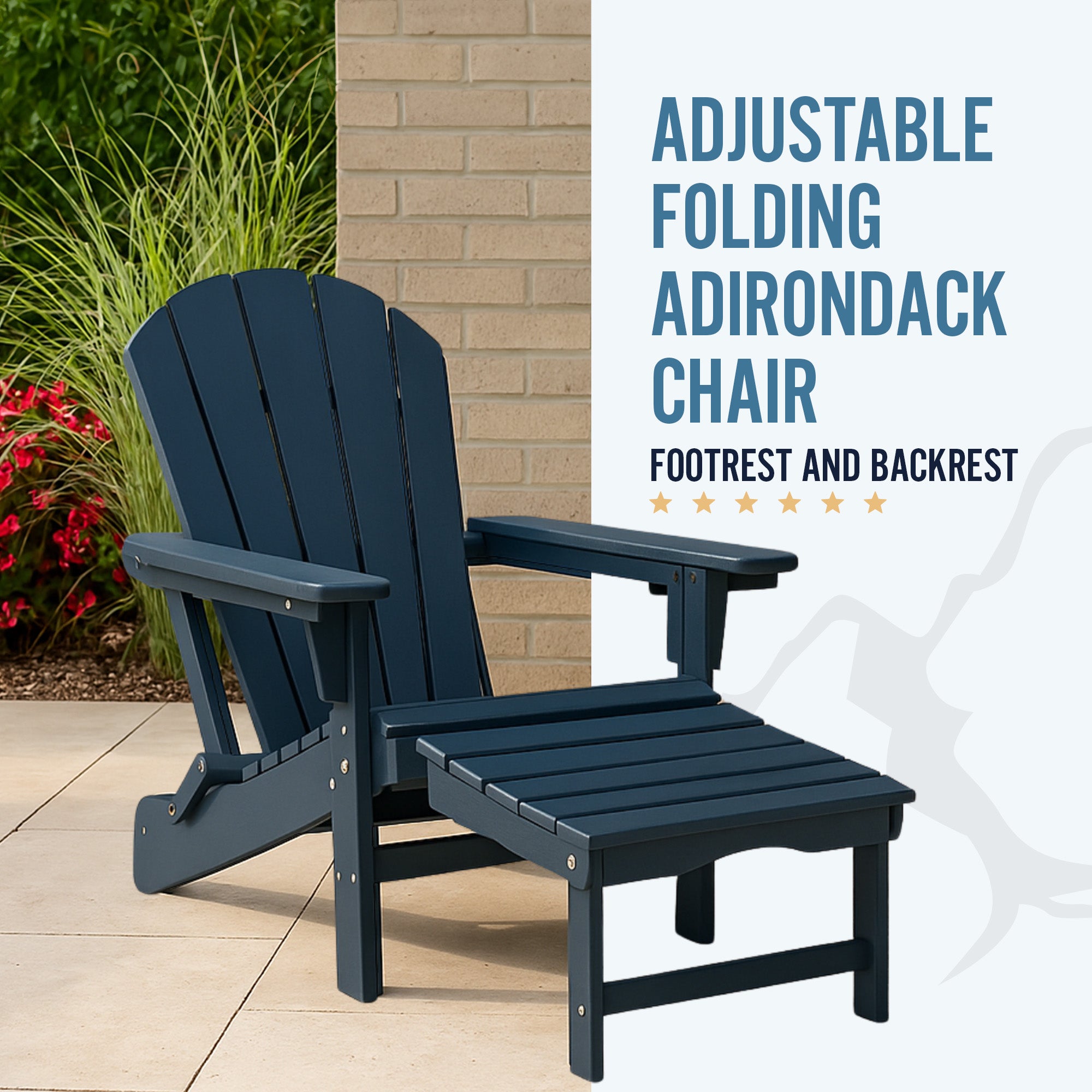 Trapper’s Peak Adjustable Folding Adirondack Chair, Footrest and Backrest, Blue - VMInnovations