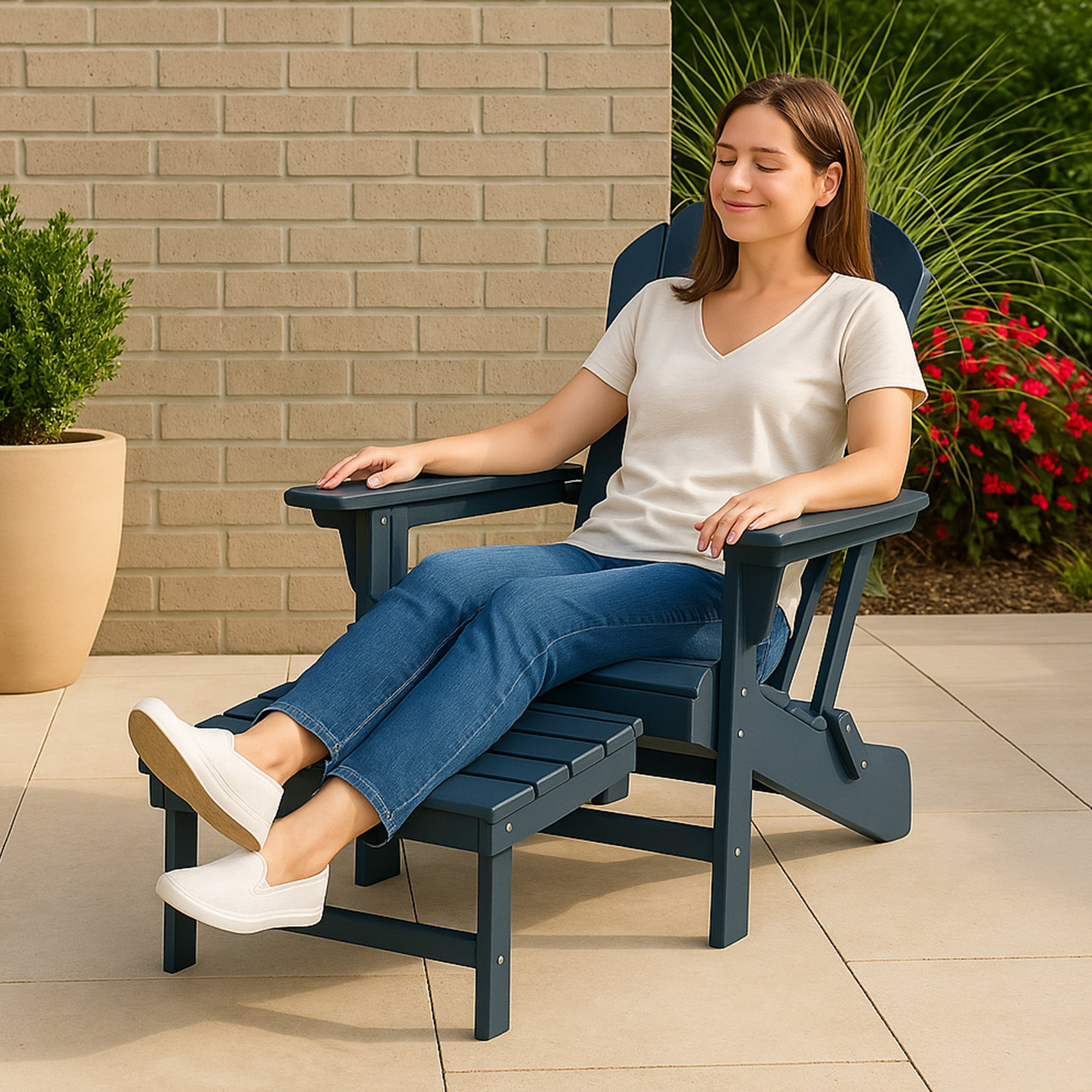 Trapper’s Peak Adjustable Folding Adirondack Chair, Footrest and Backrest, Blue - VMInnovations