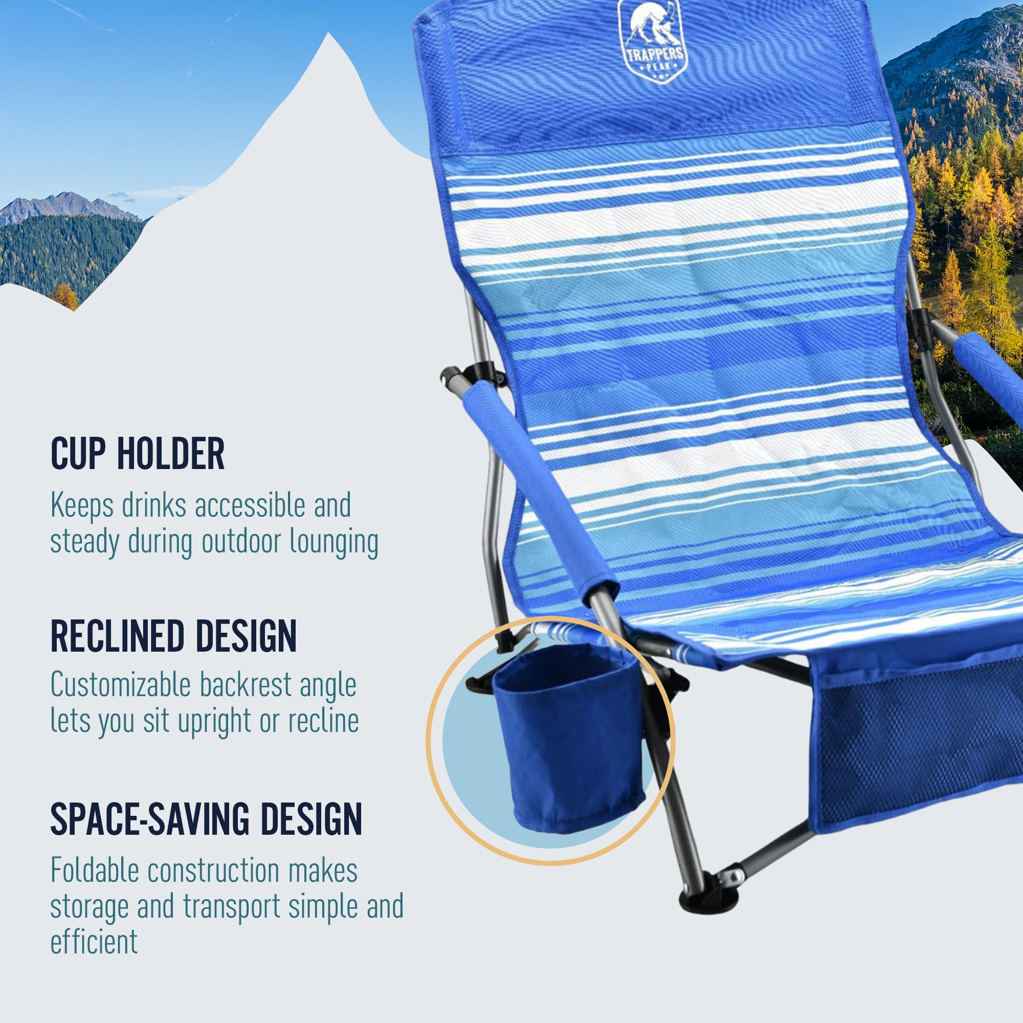 Trapper’s Peak 2 Pack Low Profile Folding Beach Chairs, Cup Holder, Bag, Blue