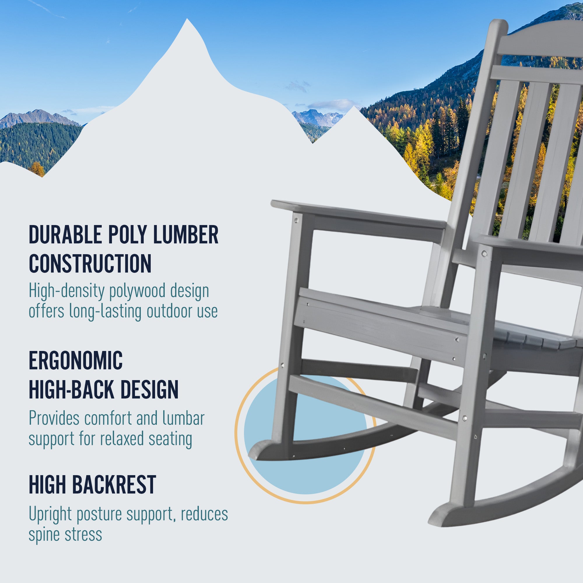 Trapper’s Peak Outdoor Rocking Chair Poly Lumber Grain, Steel Frame, Light Gray - VMInnovations