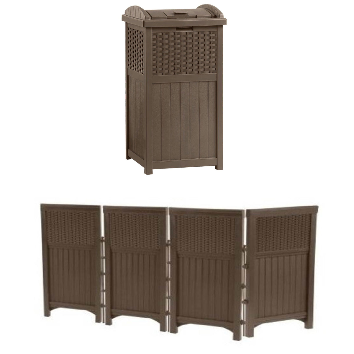 Suncast Trash Can 33 Gal. Resin Outdoor (2) & Suncast Garden Screen Gate (2)