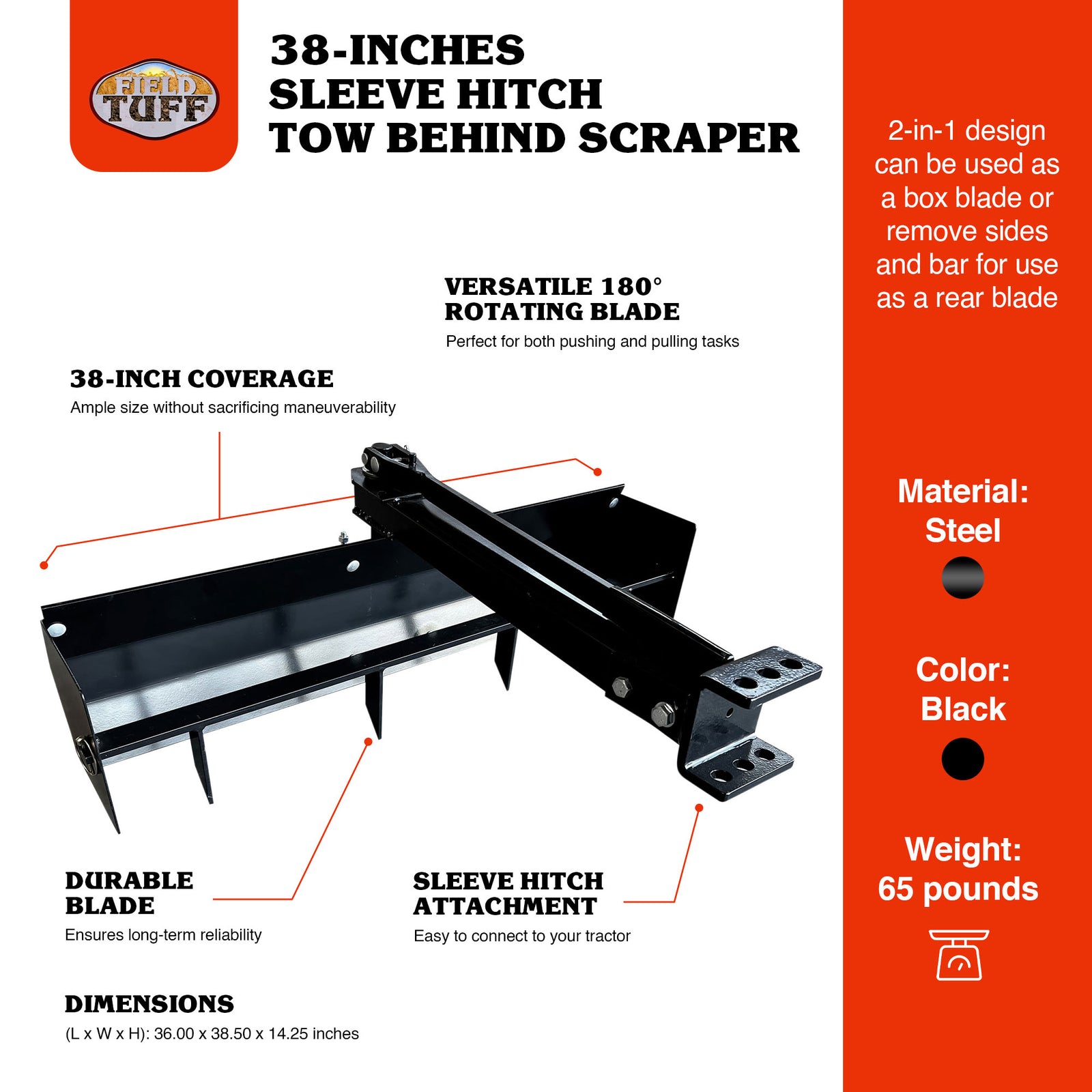 Field Tuff 38 Inch Sleeve Hitch Tow Behind Scraper for Garden and Yard, Black - VMInnovations