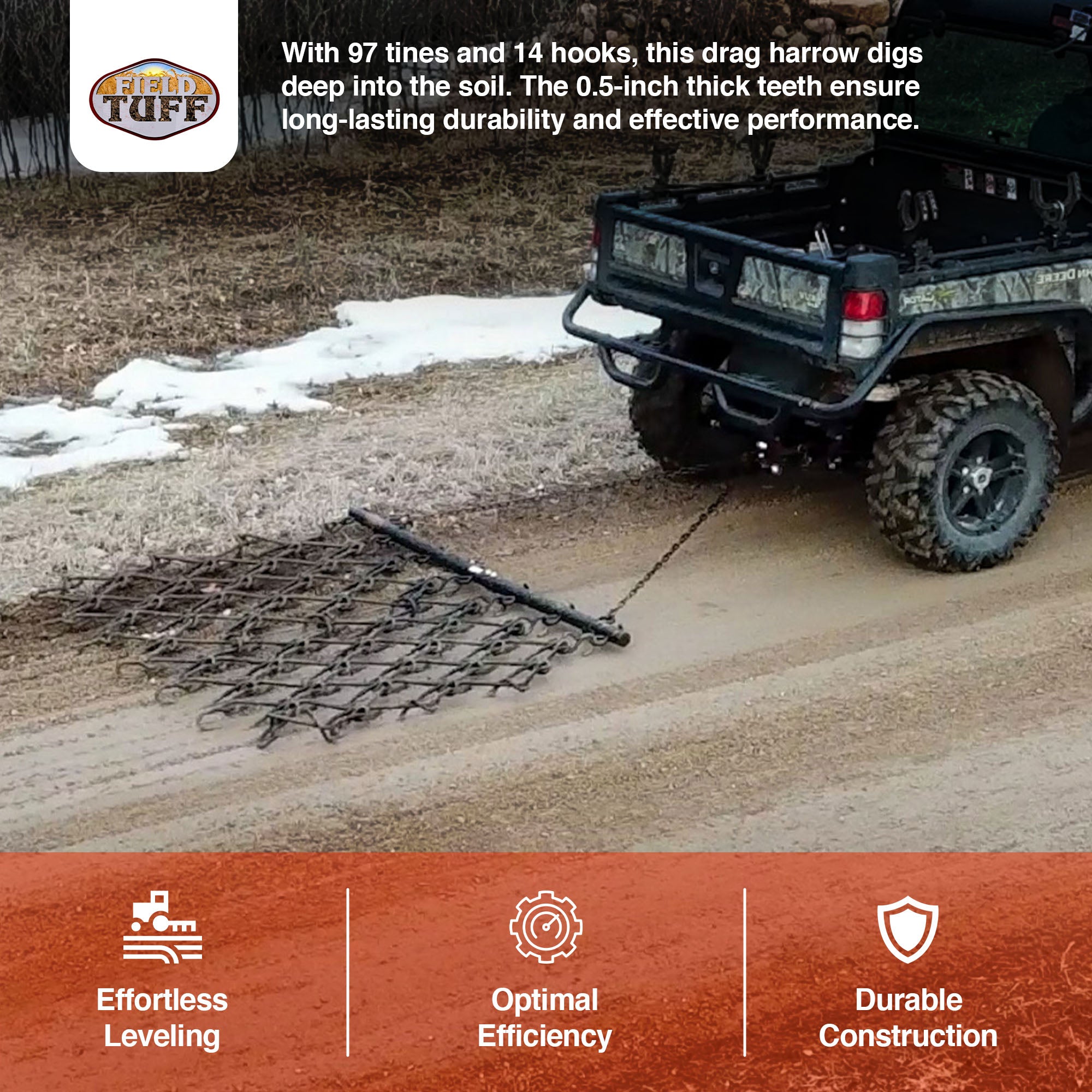 Field Tuff 6x4' Tow Behind Heavy Duty Drag Harrow with Powder Coat Paint Finish - VMInnovations