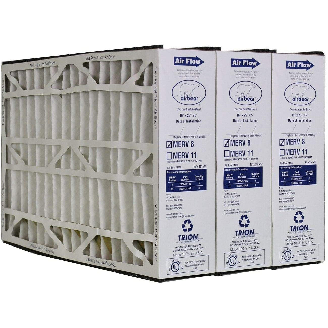 Trion 255649-105 Air Bear 16 x 25 x 5 Inch MERV 8 Air Purifier Filter (3 Pack) - VMInnovations