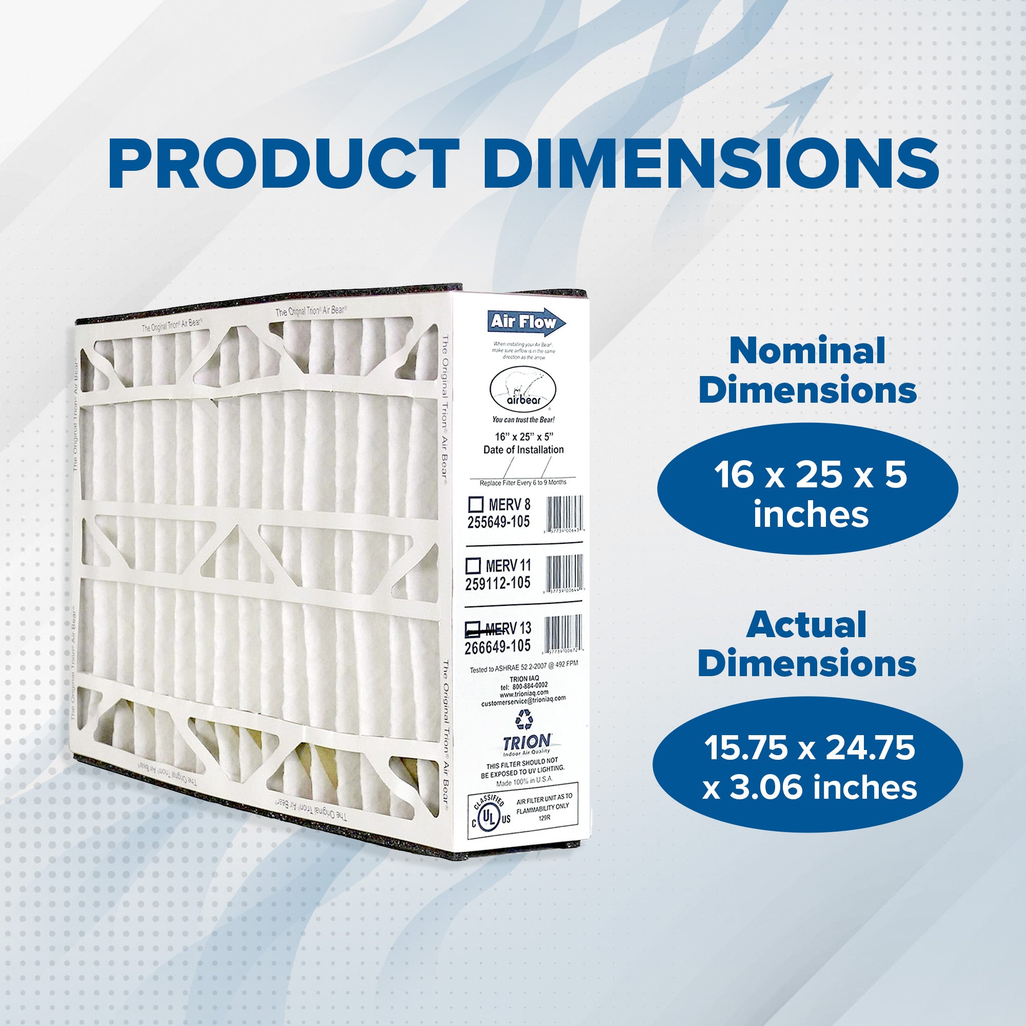 Trion 266649-105 Air Bear 16 x 25 x 5 Inch MERV 13 Air Purifier Filter (3 Pack) - VMInnovations