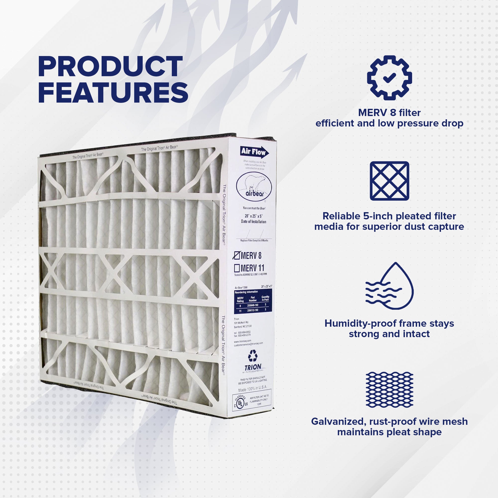 Trion 255649-102 Air Bear 20 x 25 x 5 Inch MERV 8 Air Purifier Filter (3 Pack) - VMInnovations