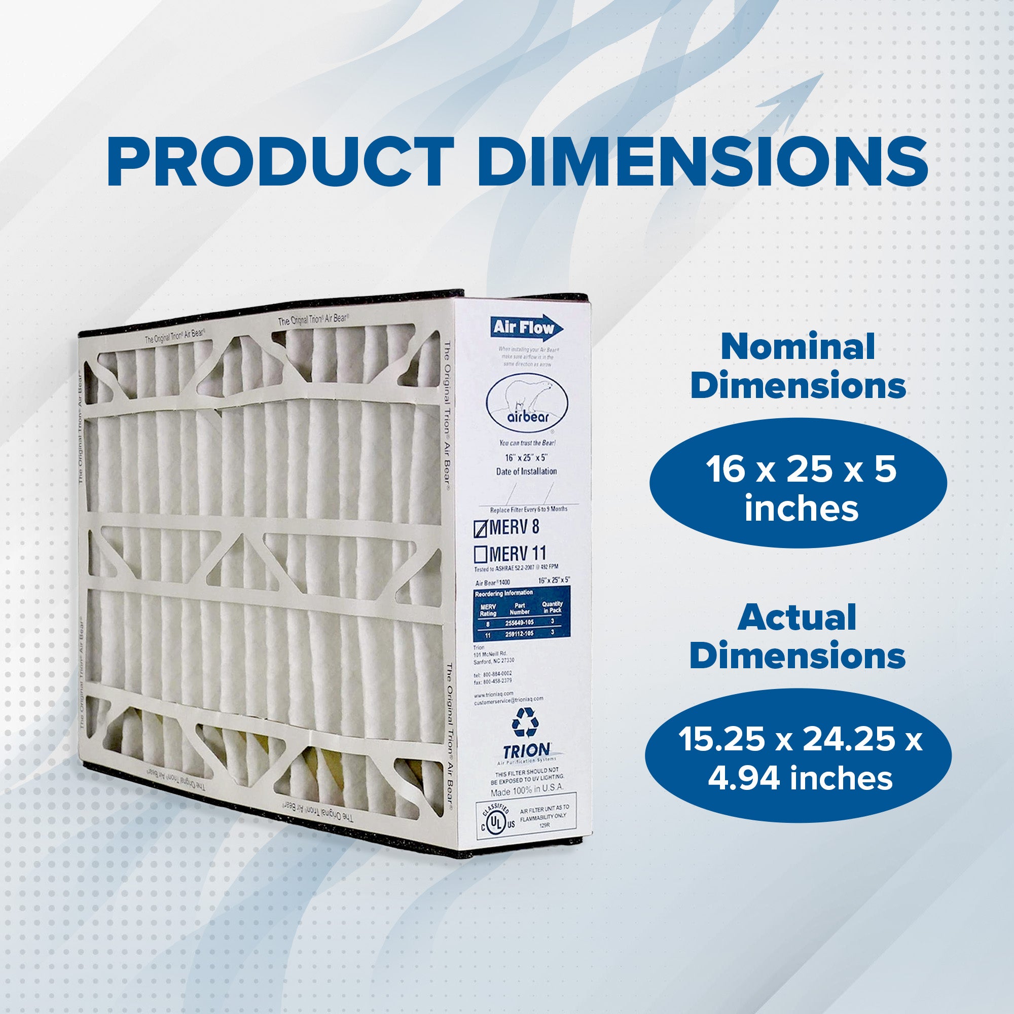 Trion 255649-105 Air Bear 16 x 25 x 5 Inch MERV 8 Air Purifier Filter (3 Pack) - VMInnovations