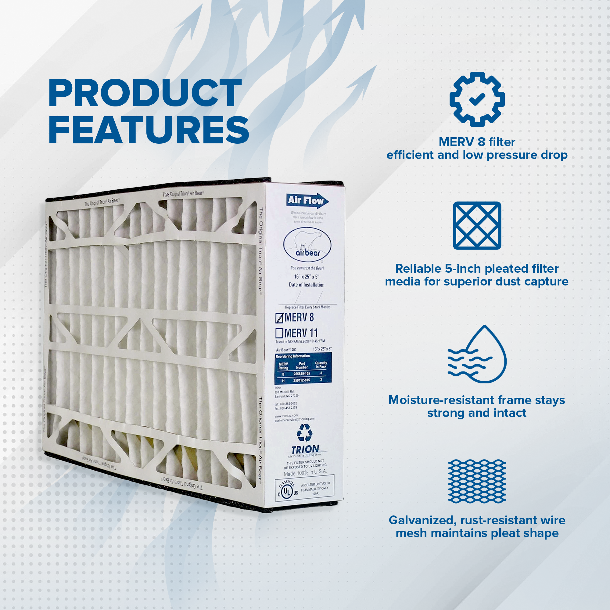 Trion 255649-105 Air Bear 16 x 25 x 5 Inch MERV 8 Air Purifier Filter (3 Pack) - VMInnovations