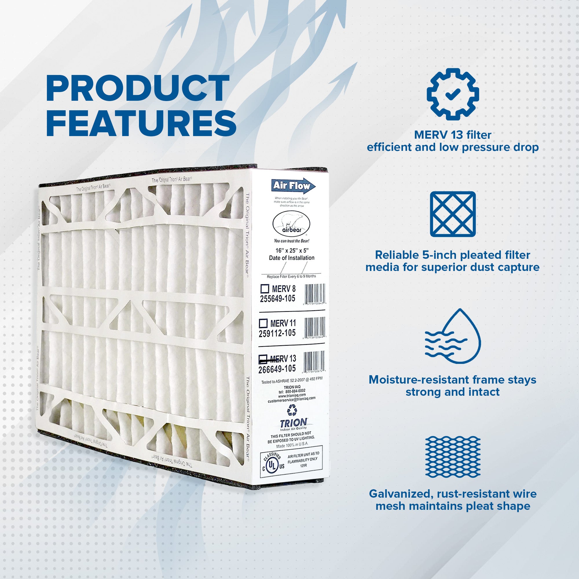 Trion 266649-105 Air Bear 16 x 25 x 5 Inch MERV 13 Air Purifier Filter (3 Pack) - VMInnovations