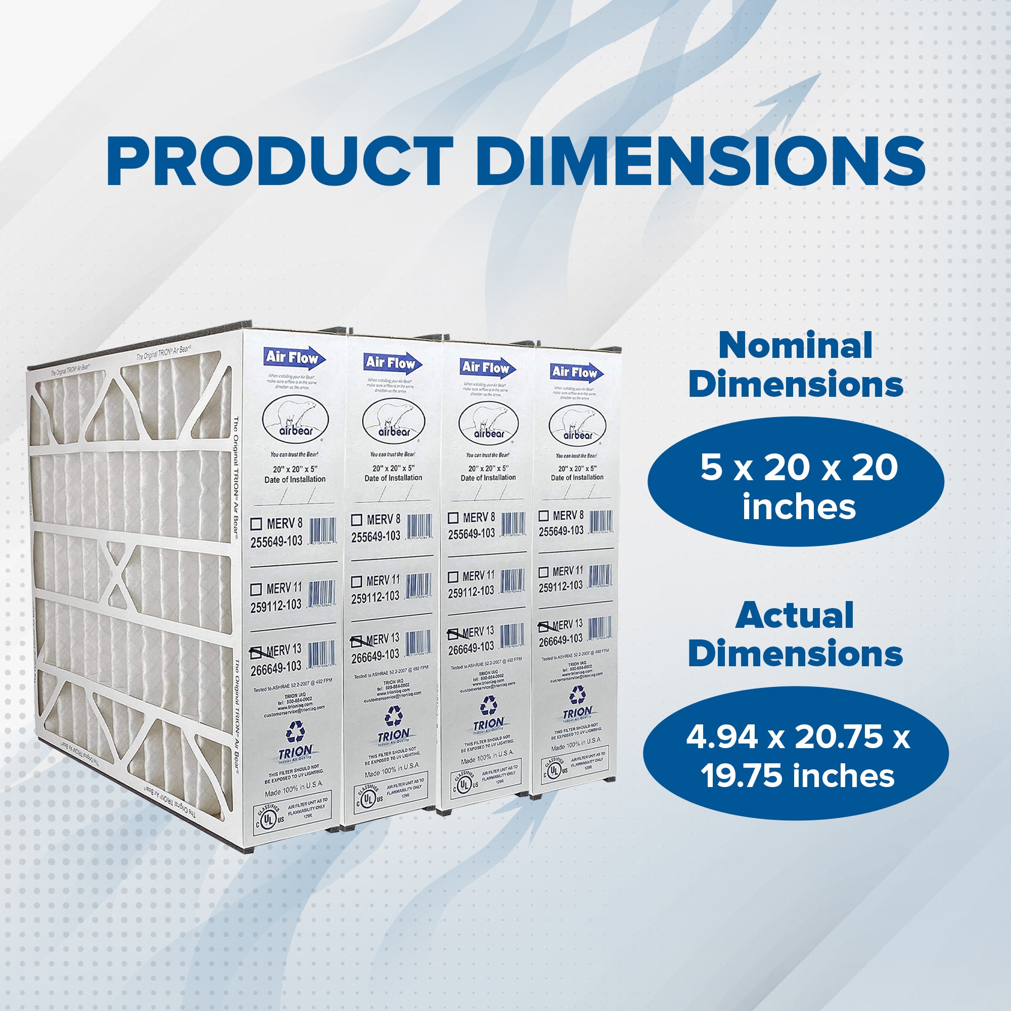 Trion 266649-103 Air Bear 20 x 20 x 5 Inch MERV 13 Air Purifier Filter (4 Pack) - VMInnovations