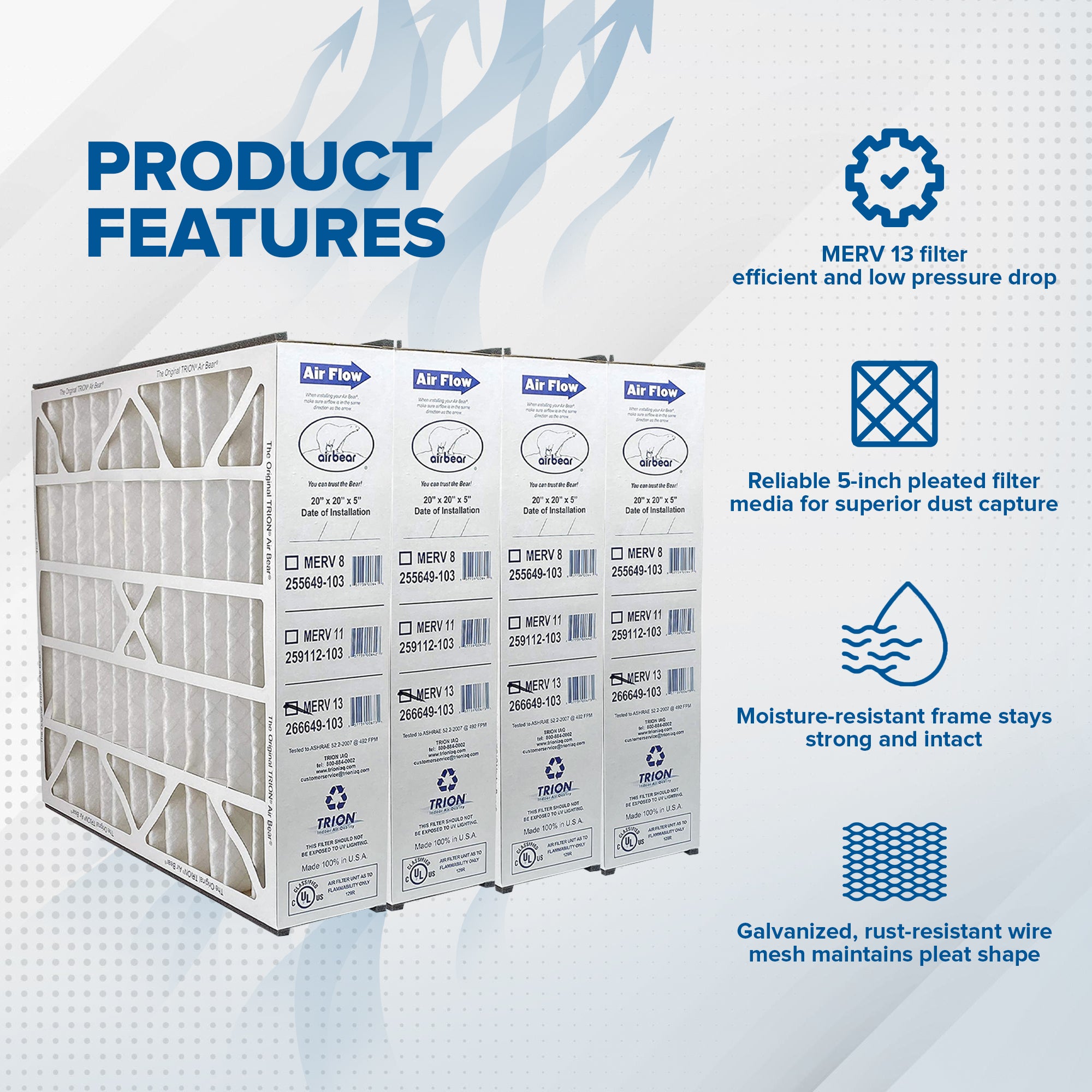 Trion 266649-103 Air Bear 20 x 20 x 5 In MERV 13 Air Filter (4 Pack) (Used) - VMInnovations