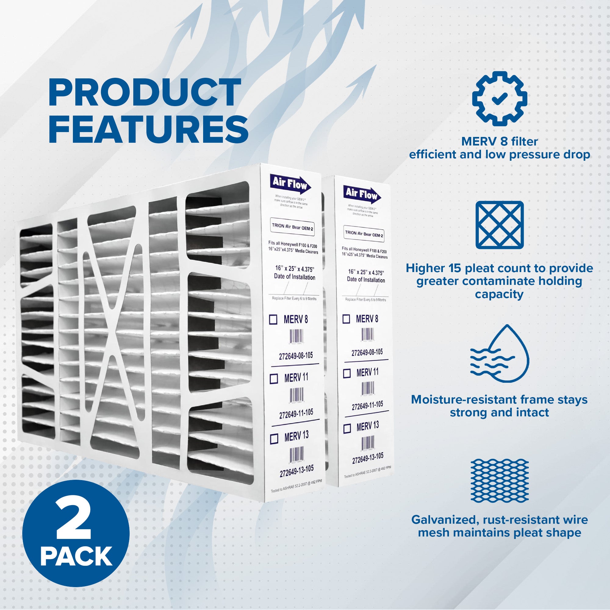 Trion Air Bear OEM 16x25x4 Inch MERV 8 Replacement Air Purifier Filter, 2 Pack - VMInnovations