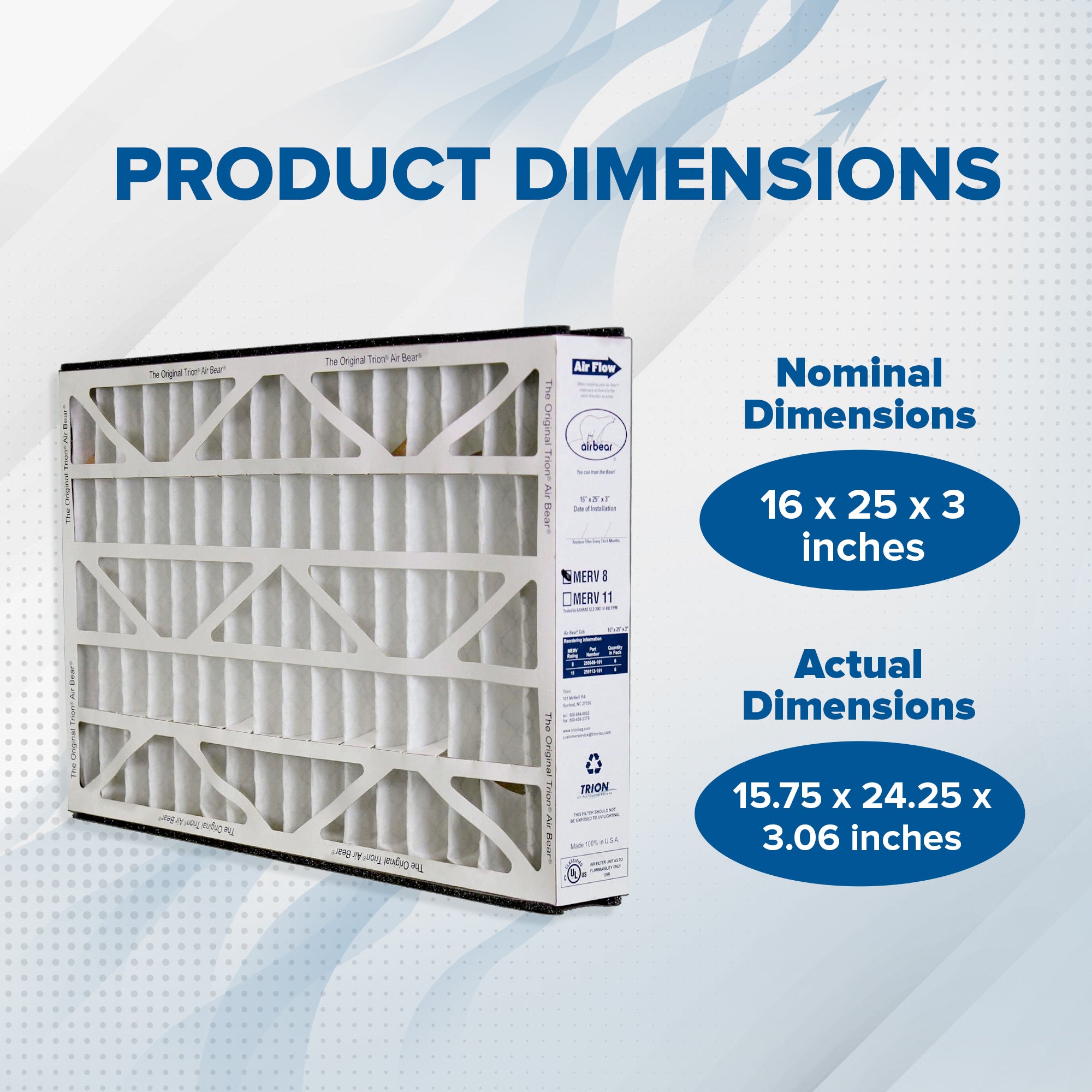 Trion 255649-101 Air Bear 16x25x3 Inch MERV 8 Air Purifier Filter (6 Pack) - VMInnovations