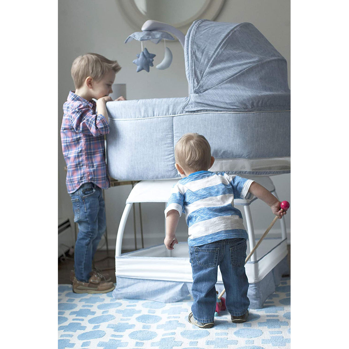 TruBliss Baby Sweetli Deluxe Bassinet Crib Sleeper with Mobile, Chambray Blue - VMInnovations