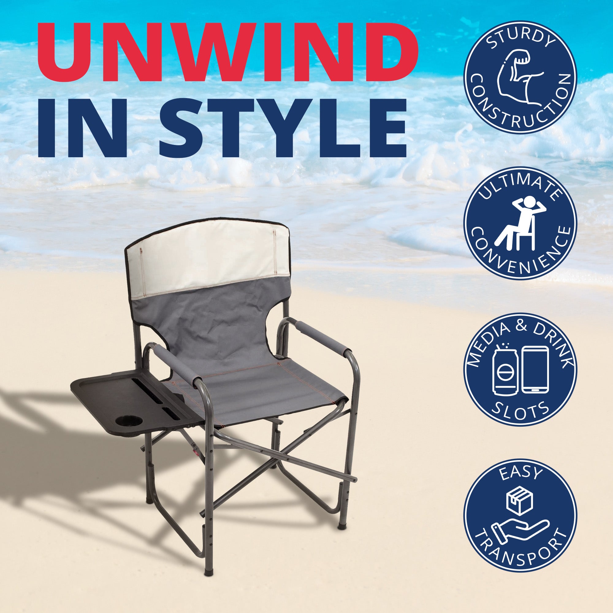 RIO Brands XXL Director’s Chair w/Side Table & Carry Straps, Gray (Open Box) - VMInnovations