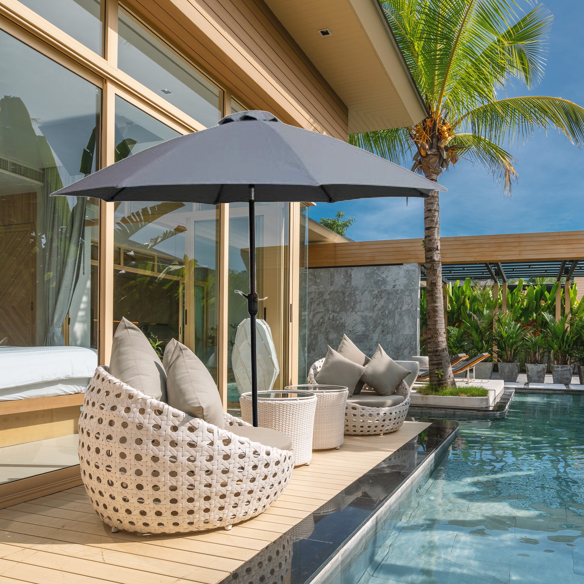 Four Seasons Courtyard 9ft Crank Lift Auto Tilt System Patio Umbrella,Gray(Used) - VMInnovations