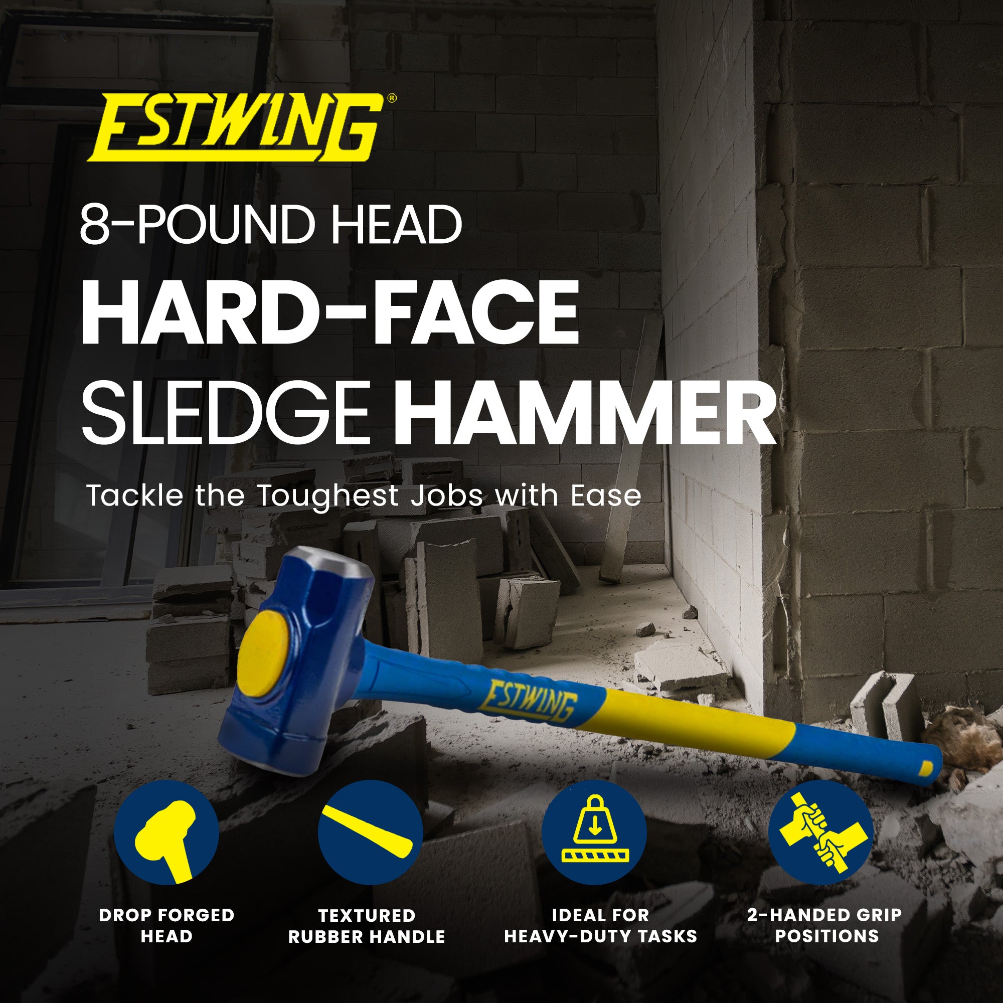 Estwing 8lb Head Hard Face Sledge Hammer w/36 Inch Fiberglass Handle (Open Box)