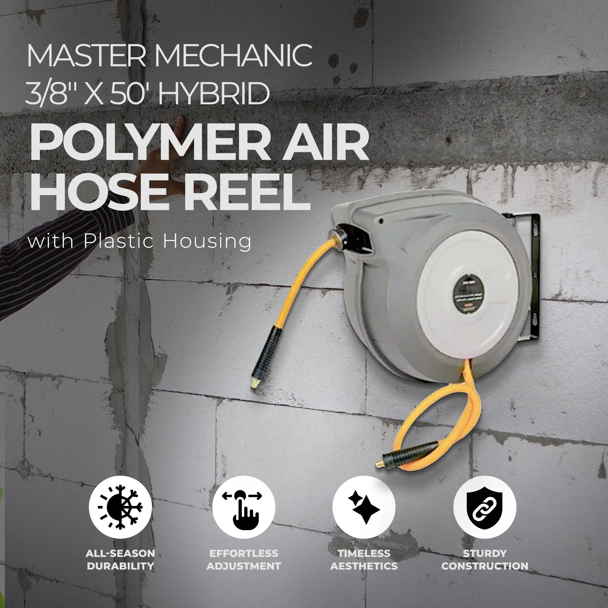 Master Mechanic 3/8" x 50' Hybrid Polymer Air Hose Reel with Plastic Housing - VMInnovations