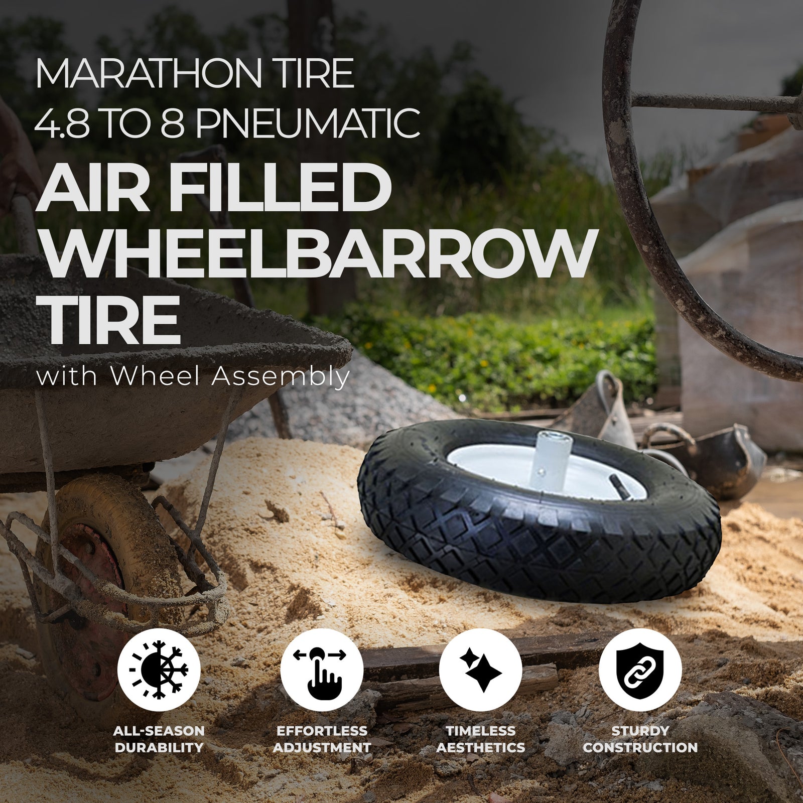 Marathon Tire 4.8 to 8 Pneumatic Air Filled Wheelbarrow Tire with Wheel Assembly - VMInnovations