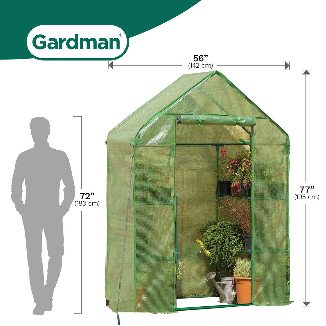 Gardman Walk In Greenhouse with 2 Tier Shelving Unit and Zippered Door, Green - VMInnovations