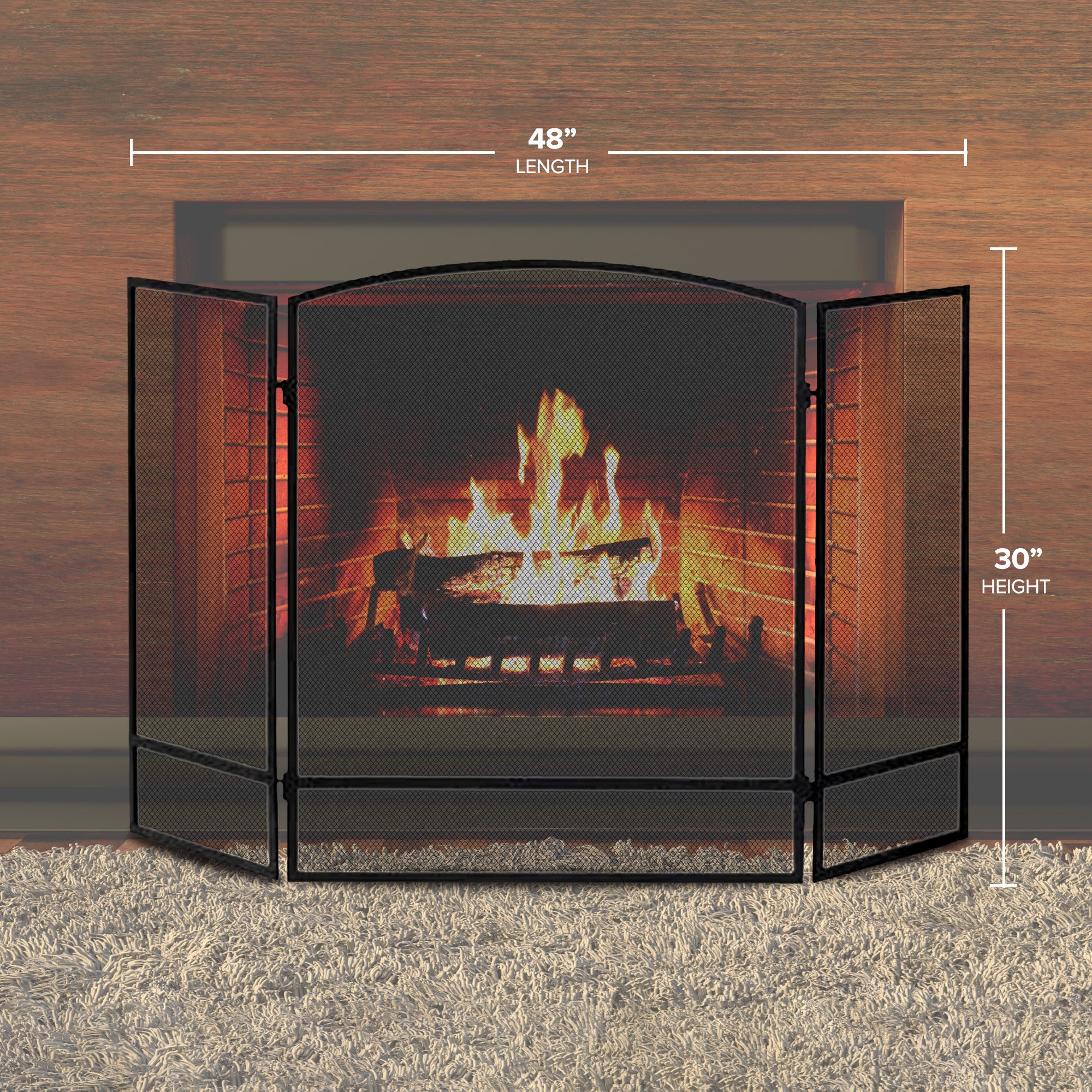 Panacea 30 by 48 Inch 3 Panel Matte Fireplace Screen with Arched Design, Black - VMInnovations