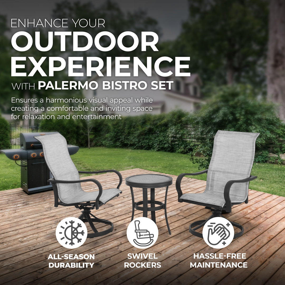 Four Seasons Courtyard Palermo 3 Piece Aluminum Bistro Set with Swivel Rockers - VMInnovations